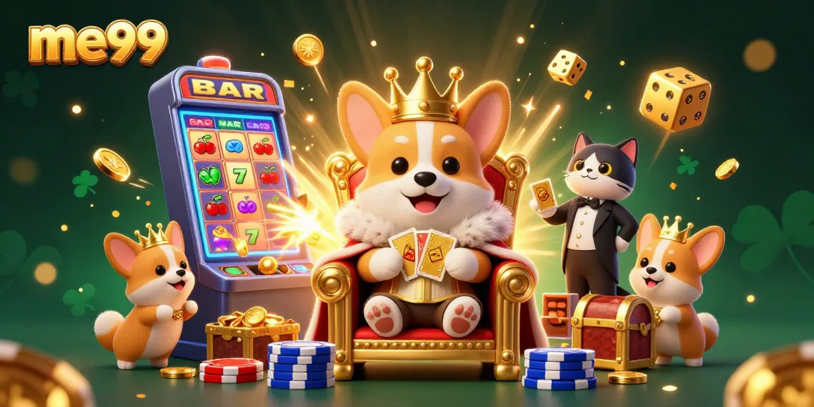 Experience the thrill at me99 with a royal corgi, slot machine, and golden treasures in a vibrant casino atmosphere.