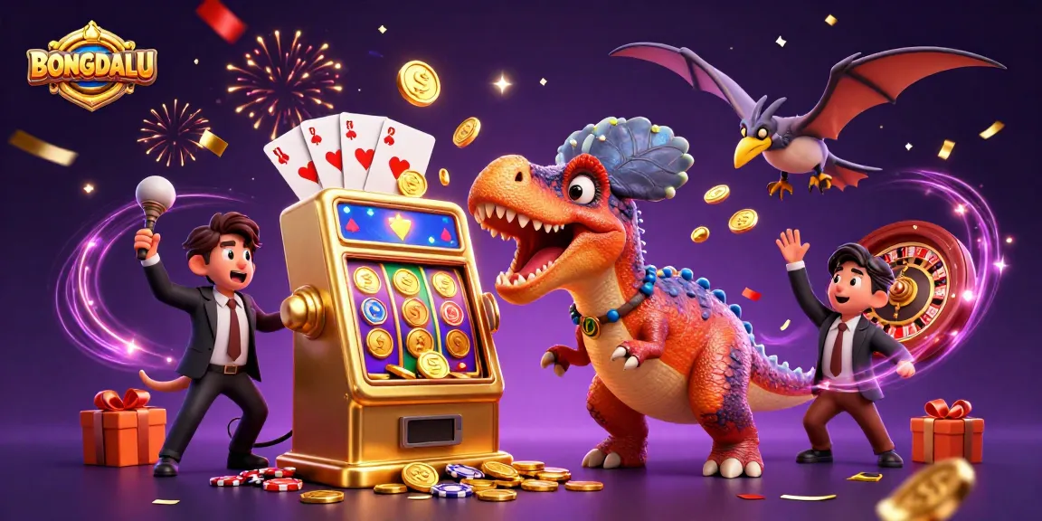 BONGDALU celebrates a jackpot win with a dinosaur theme at a vibrant casino scene.