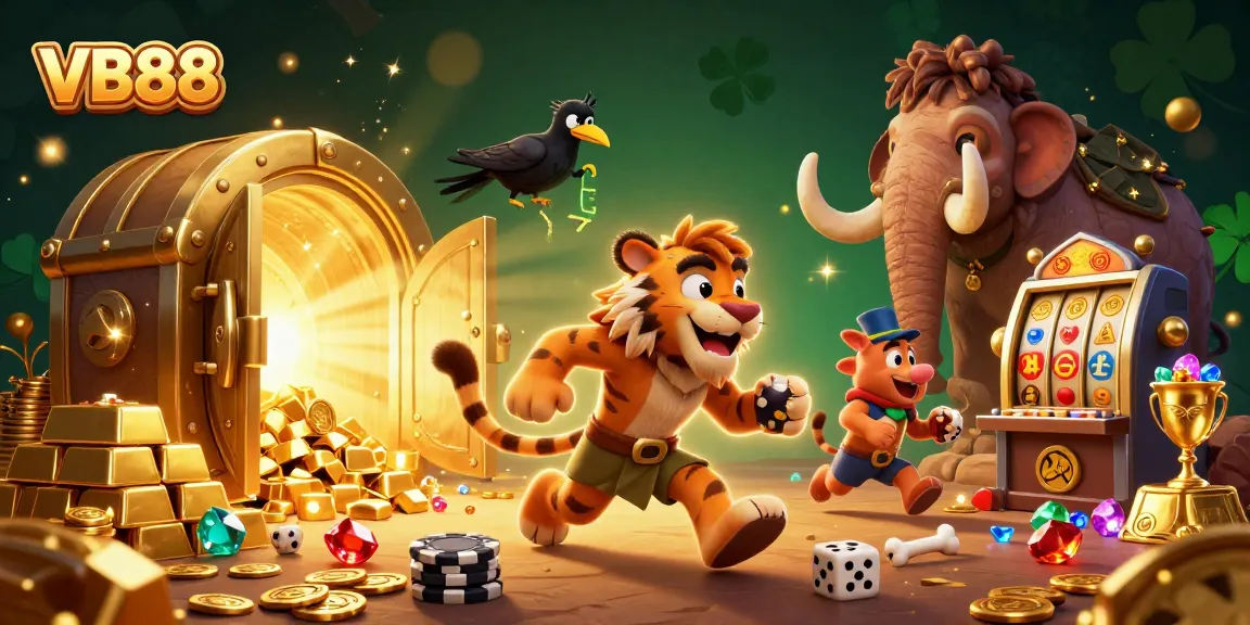 Experience the thrill of VB88 in a lively prehistoric casino scene with colorful slot machines and treasures.