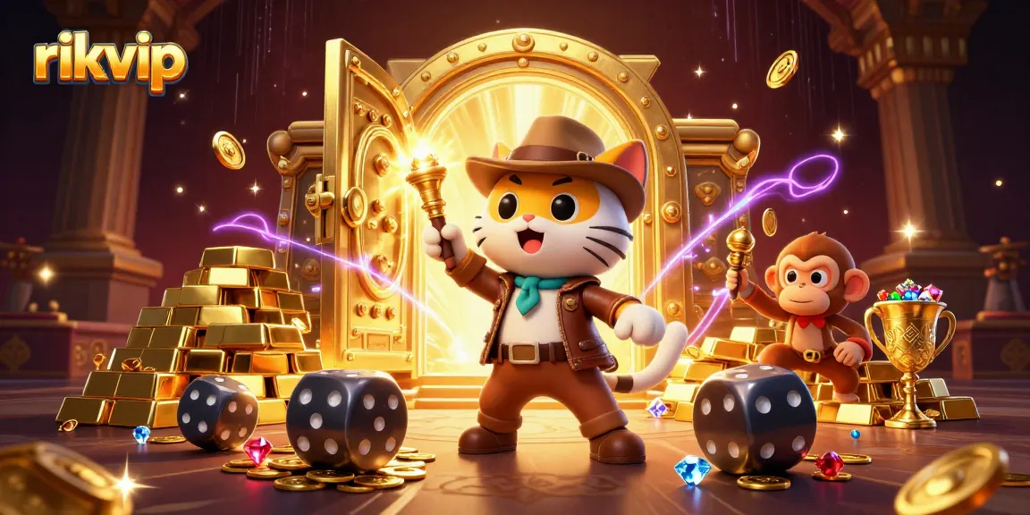 Experience the thrill at rikvip with a vibrant 3D casino adventure scene filled with treasures and action.