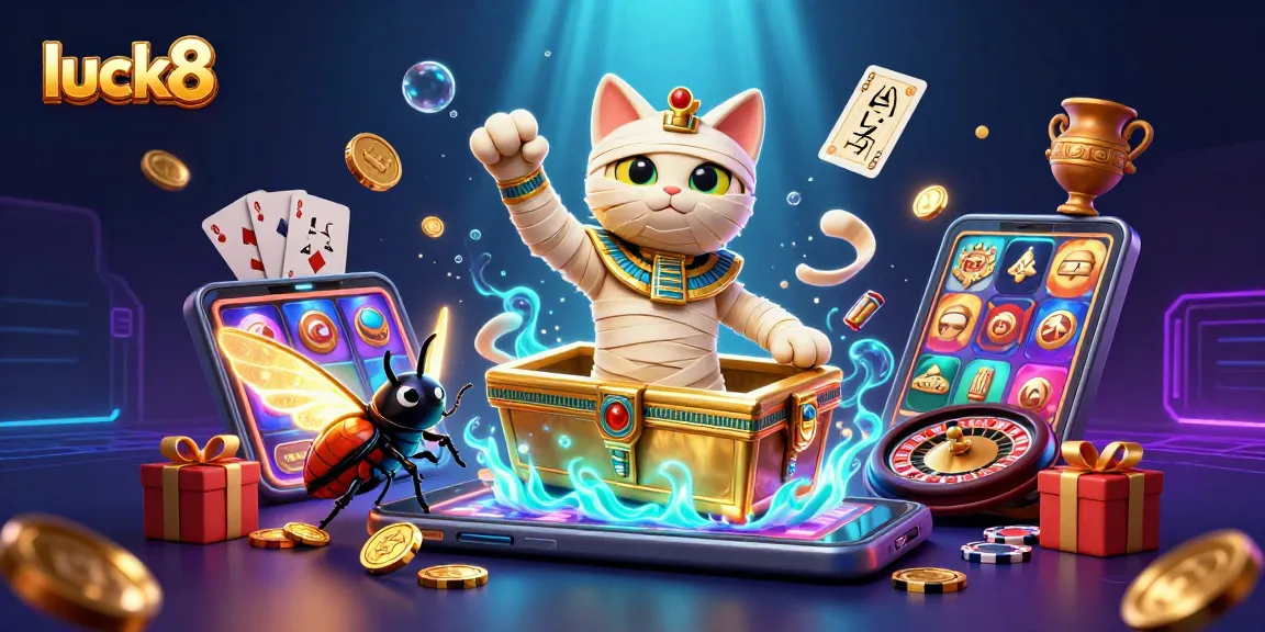 Experience exciting slot games at luck8 with a mummy cat and scarab beetle in a vibrant casino scene.