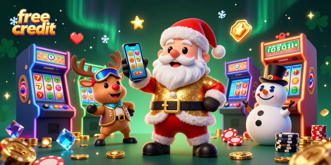 Engage with free credit offers at Link Free Kredit 365 featuring festive casino characters.
