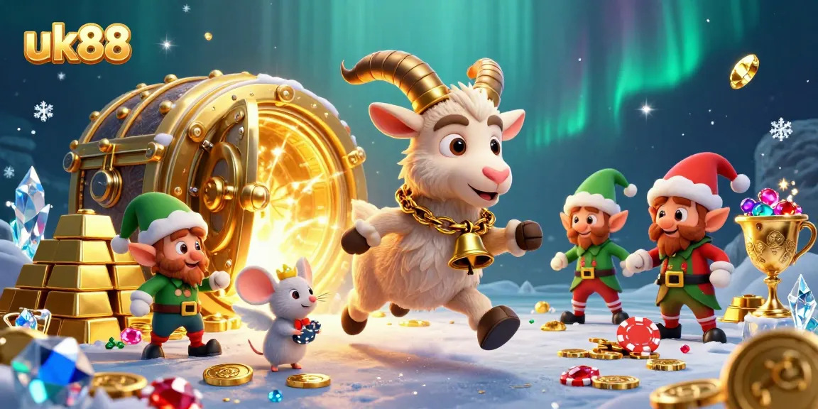 Engage in uk88's festive casino adventure with a Krampus goat, angel mouse, and elf gremlins amidst gold treasures.