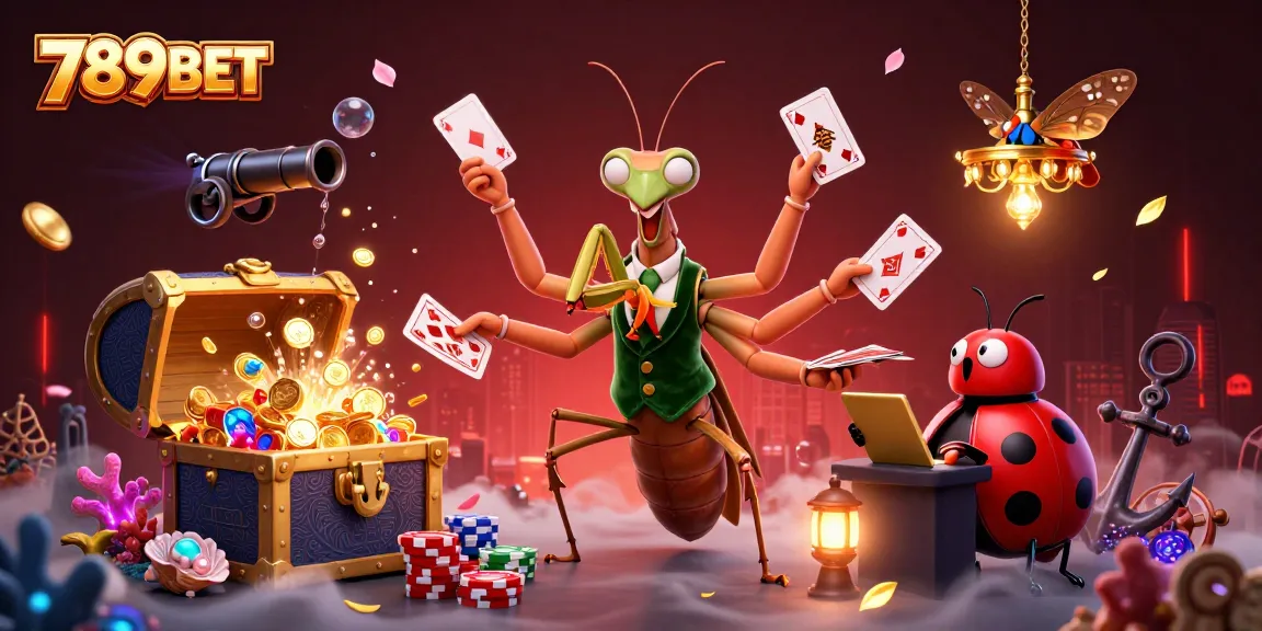 Experience excitement with 789BET as the praying mantis deals cards in a vibrant casino scene.