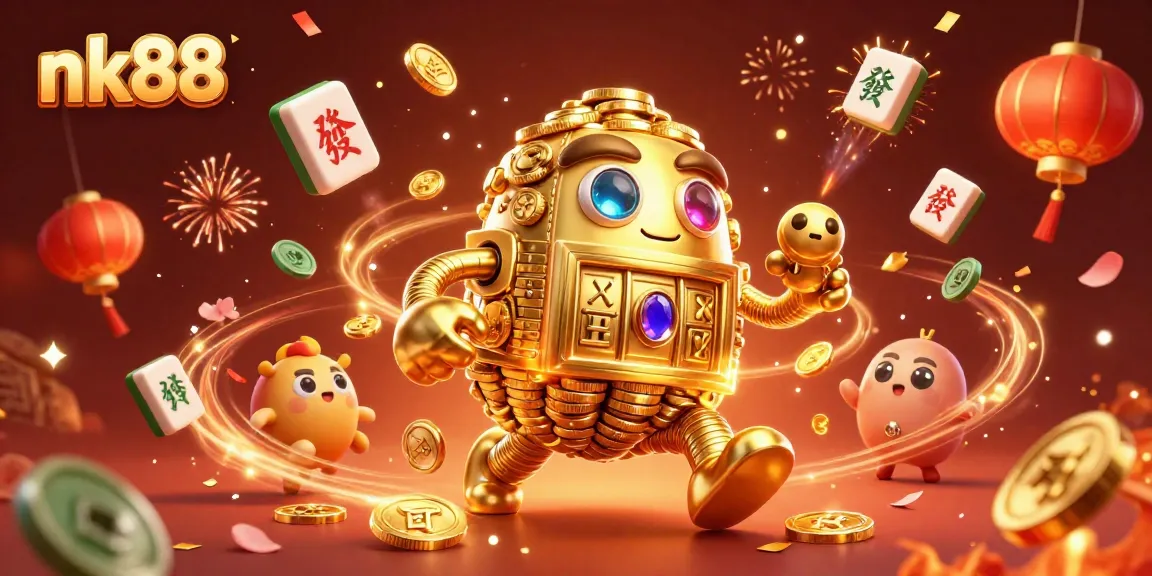 Join the excitement of nk88 with this vibrant 3D illustration showcasing a golden golem and festive gambling elements.