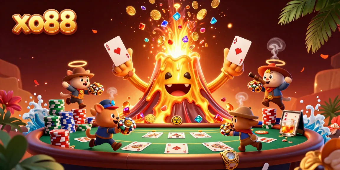 Join the excitement at xo88 with a triumphant volcano erupting coins and treasure in a thrilling casino scene.