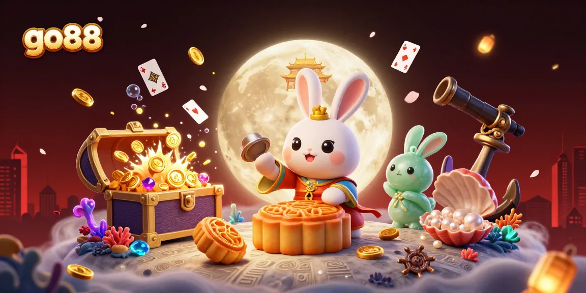 Experience the enchanting world of go88 as the moon rabbit reveals poker chips, surrounded by vibrant gaming elements.