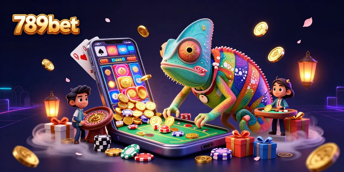 Engage in vibrant gaming activities with 789bet, featuring a colorful slot game, golden coins, and playful casino characters.