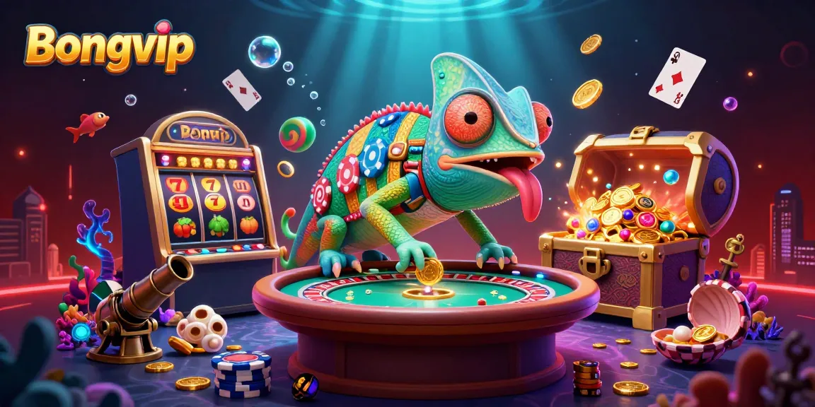 Bongvip casino transforms gameplay with colorful 3D chameleon character amid vibrant slot elements.