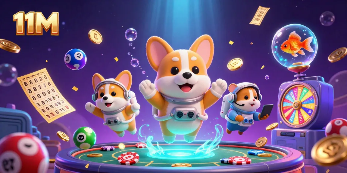 Spin to win with the 11M-themed casino concept featuring floating characters and vibrant elements.