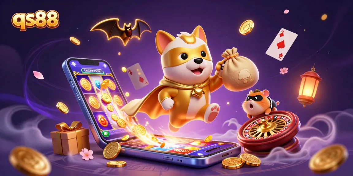 Join the exciting qs88 adventure with a superhero dog and hamster amidst colorful slot games and poker chips.