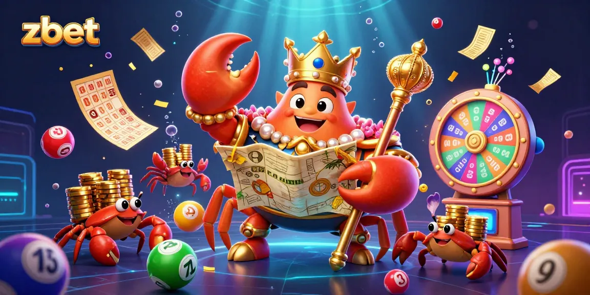 Zbet presents an exciting underwater lottery scene with a golden crab emperor and vibrant game elements.