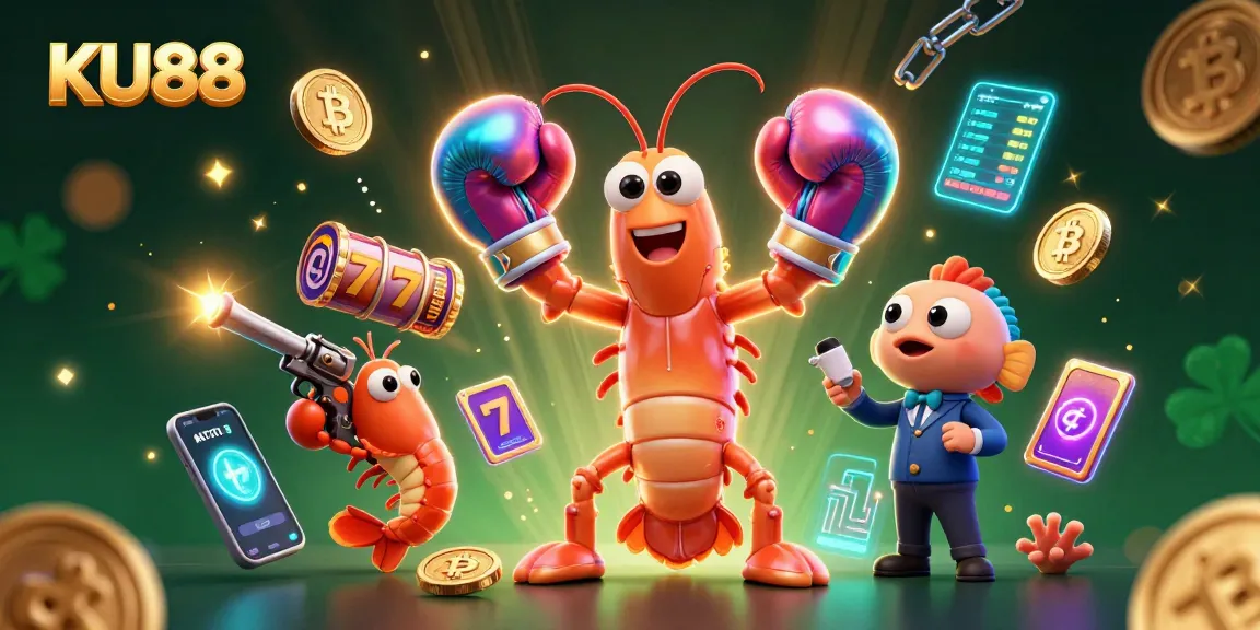 Spin the reels at KU88 with vibrant shrimp characters amidst glowing crypto coins.
