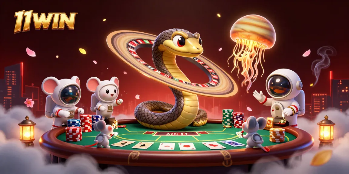 Place bets at the vibrant 11WIN casino scene with astronaut mice and cosmic dealer.