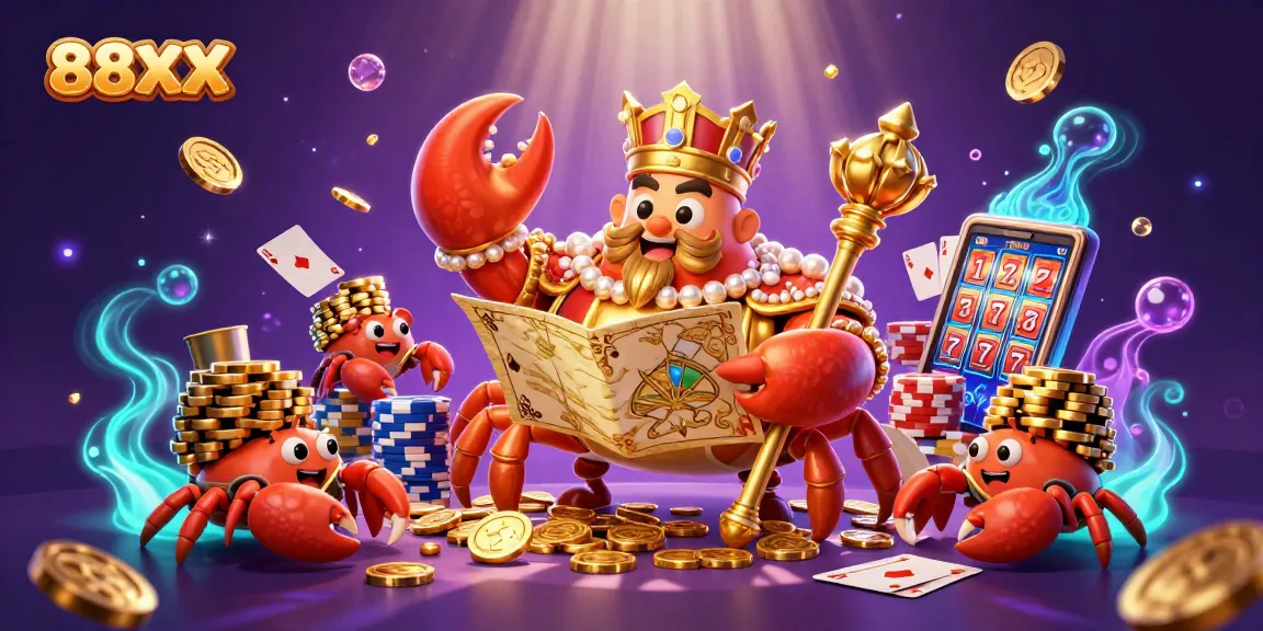 Win big at 88XX with a vibrant illustration of a golden crab emperor surrounded by casino elements.