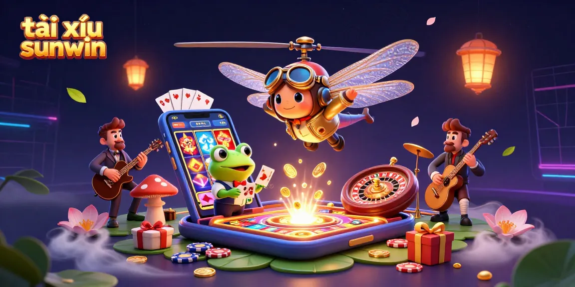 Engaging tài xỉu sunwin scene with a dragonfly pilot and frog croupier amidst vibrant casino elements.