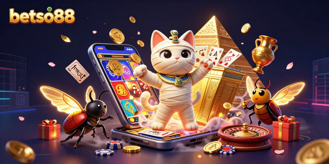 Experience the excitement of betso88 with a dynamic 3D illustration featuring a mummy cat and jumbo slot games.