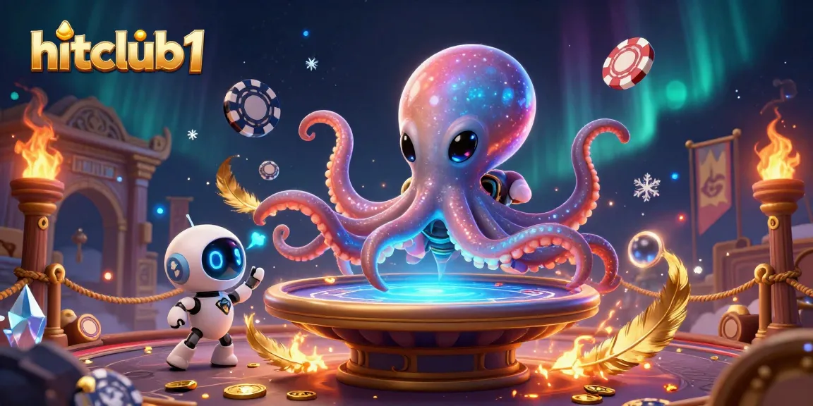Hitclub1 showcases an alien octopus in a shining suit at a dynamic poker table with vivid casino elements.