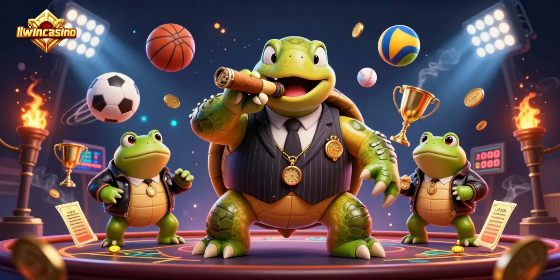 Experience the excitement at llwincasino with a vibrant 3D illustration of a snapping turtle in a mobster suit amidst flying sports elements.