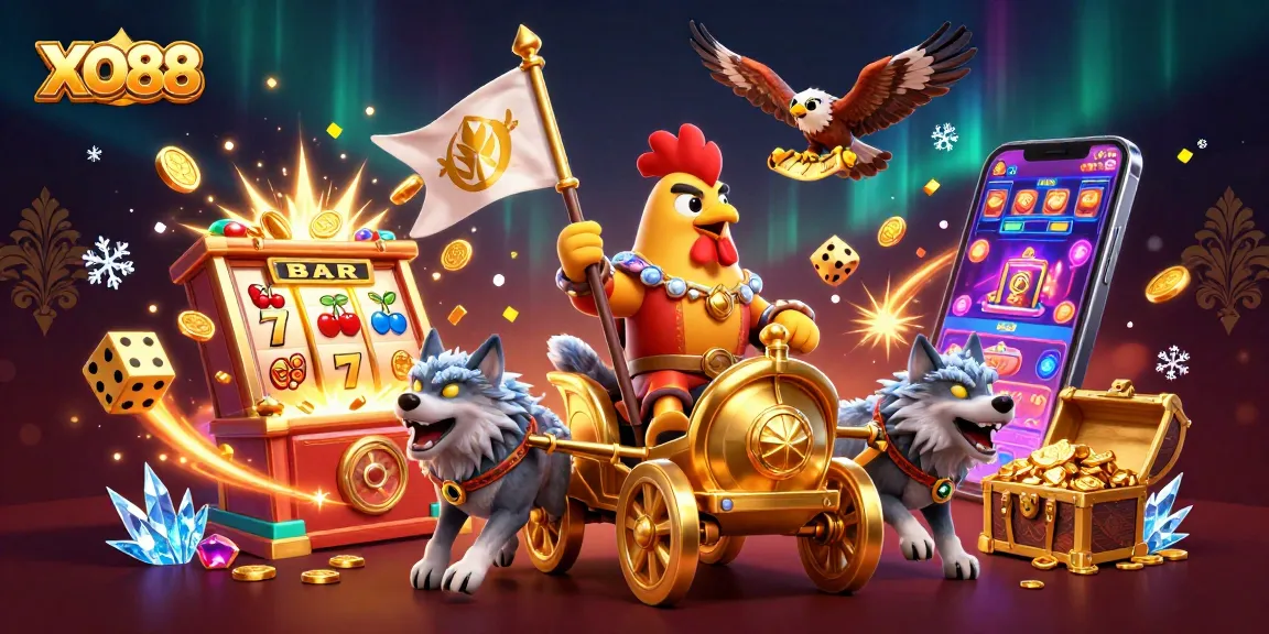 Experience the thrill of XO88 with a dynamic casino scene of 3D characters and vibrant game elements.