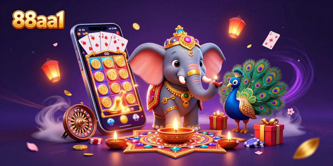 Experience thrilling gaming at 88aa1 with a vibrant illustration of a casino environment featuring dynamic slot games and festive characters.