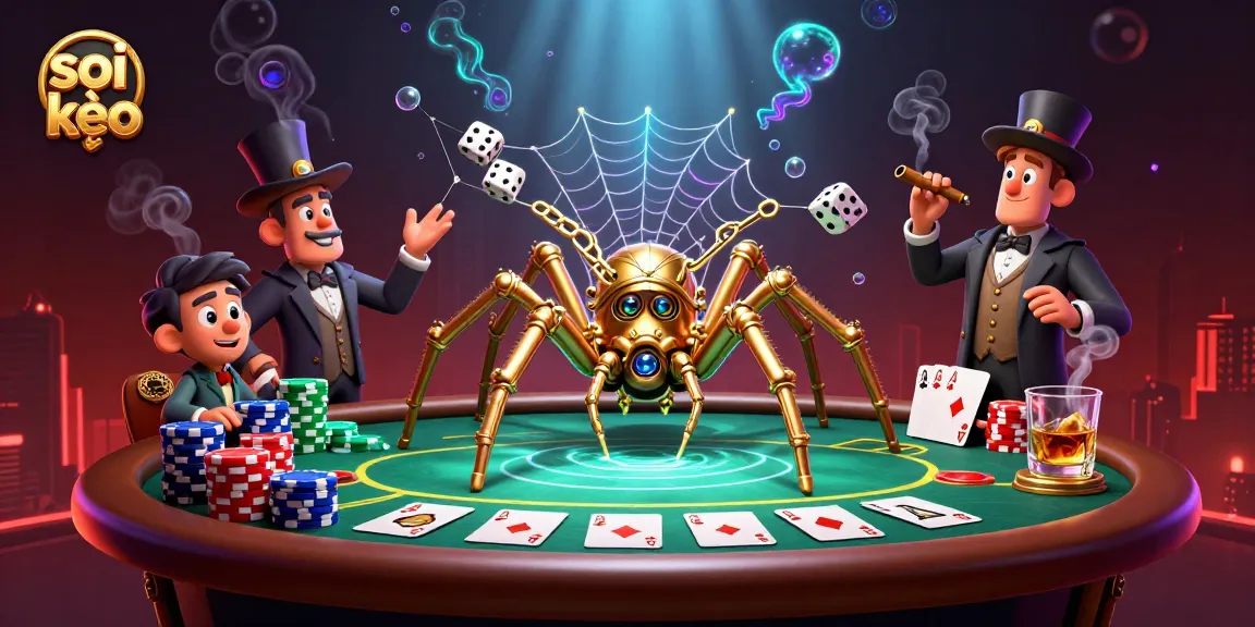 Soi kèo illustrates a steampunk spider weaving a web of poker chips and dice while a fly gentleman observes in amusement.