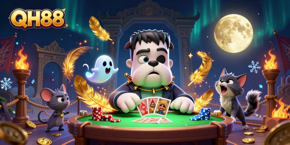 QH88 showcases a whimsical casino scene with cartoon characters engaging in card games
