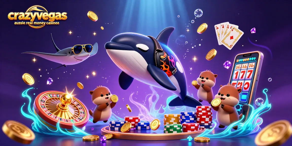 Experience excitement with crazyvegas aussie real money casinos featuring an orca, stingray, and otters celebrating winnings amidst casino elements.