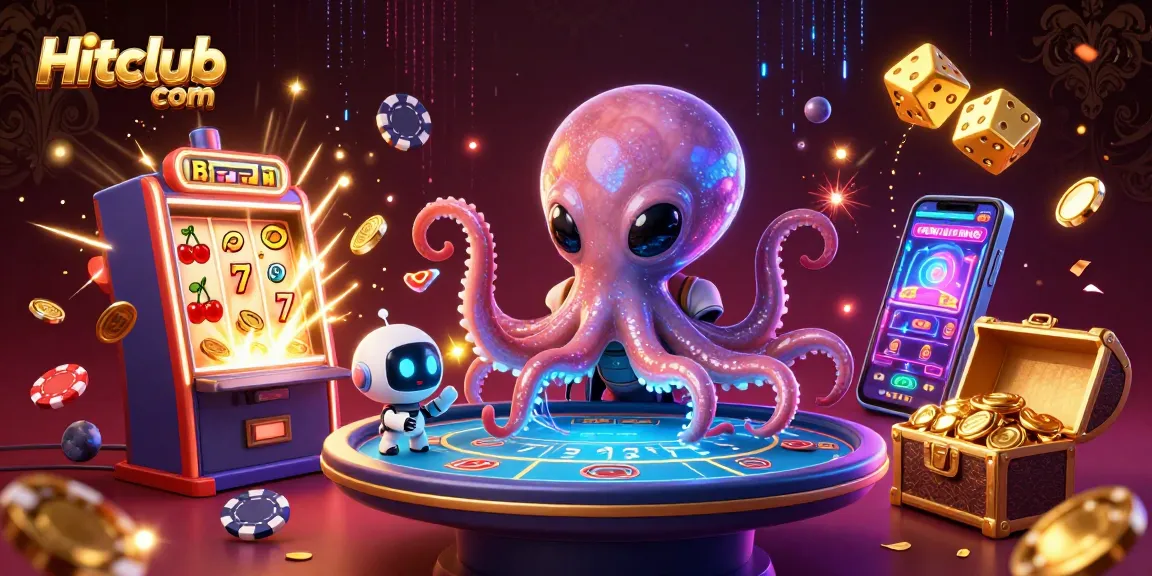 Hitclub com showcases an alien octopus at a poker table amidst a vibrant casino atmosphere.