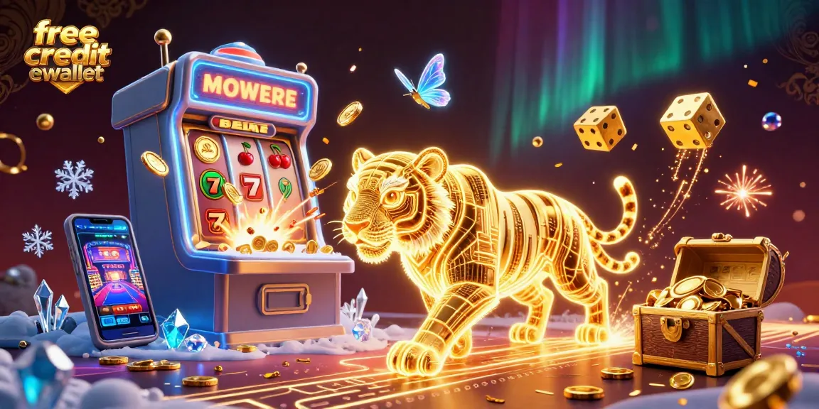 Engage with the vibrant casino scene featuring 'free credit ewallet', illuminated by the golden tiger and jackpot symbols.