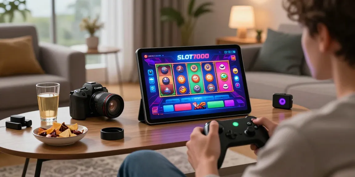 Exciting gaming scene with SLOT7000 interface visible on tablet, showcasing vibrant digital slot games.