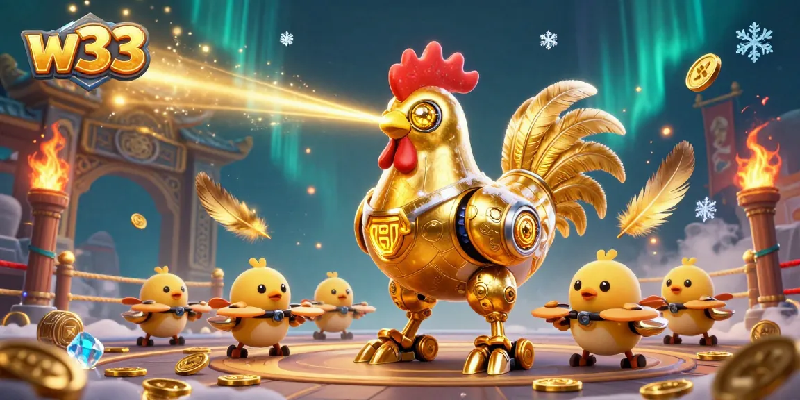 w33 offers gaming excitement with a golden rooster robot and baby chick drones in a dynamic casino scene.