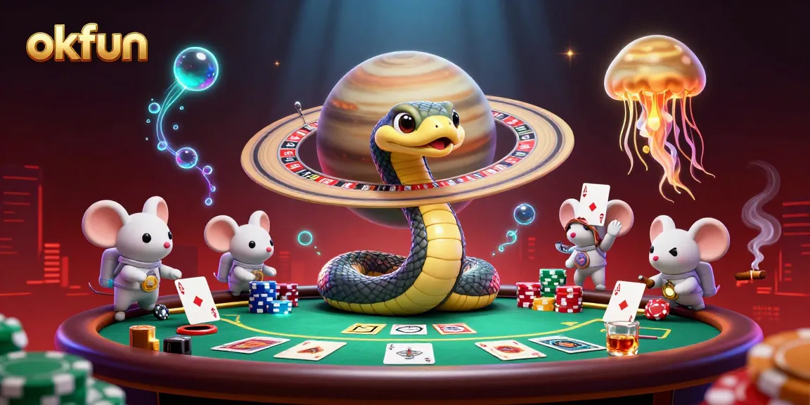 Experience captivating gameplay with the okfun casino, as mice place bets amidst vibrant cosmic elements.