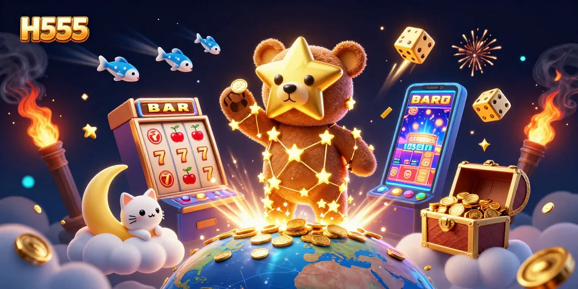 Feel the excitement of H555 as the 3D constellation bear scoops coins from Earth, surrounded by dynamic casino elements.