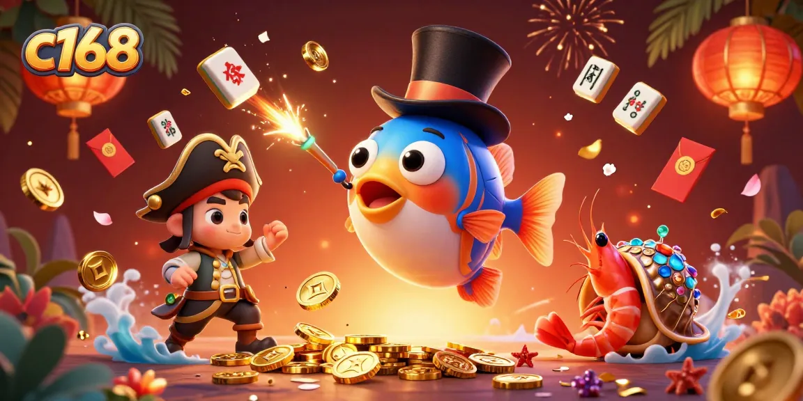 Win big at c168 with a dynamic scene of a glowing anglerfish and pirate shrimp amidst floating gaming elements.