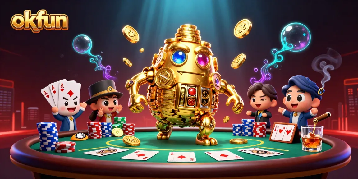 Engage with okfun in a dynamic 3D casino scene featuring a golden golem and vibrant poker elements