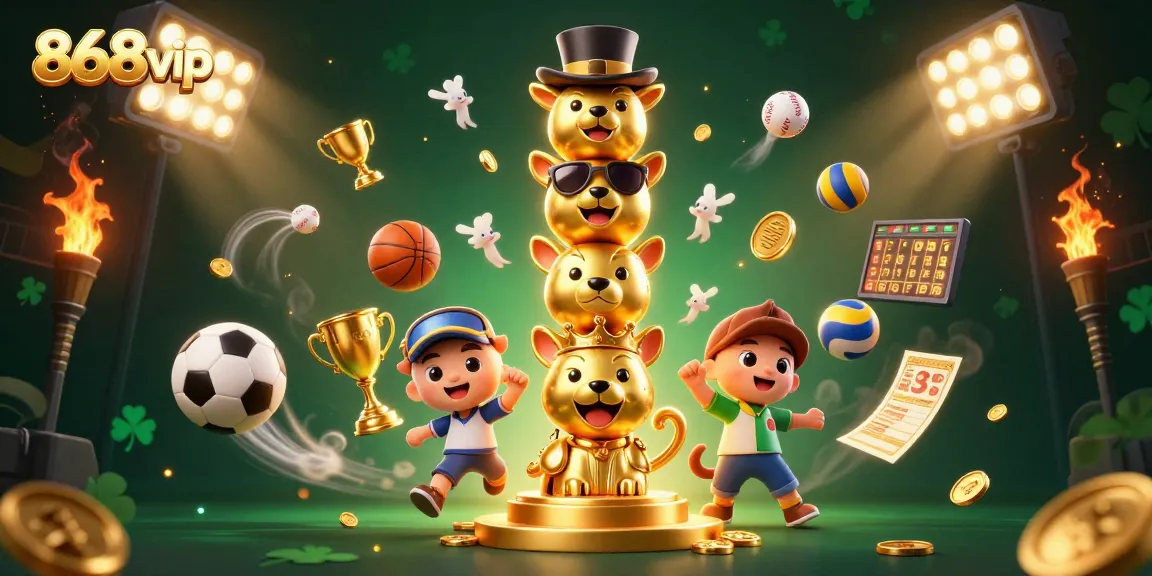 Engage with 868vip's thrilling sports betting elements showcased in a vibrant 3D casino illustration.
