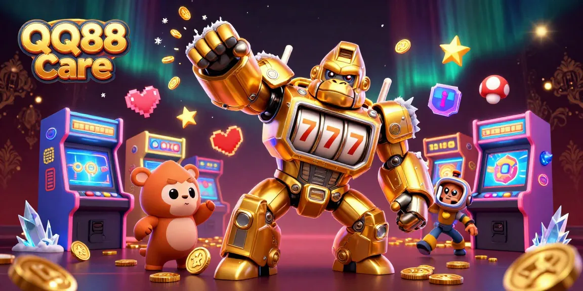 Experience QQ88 Care in a vibrant 3D casino illustration featuring a dynamic golden gorilla mech and game machines.