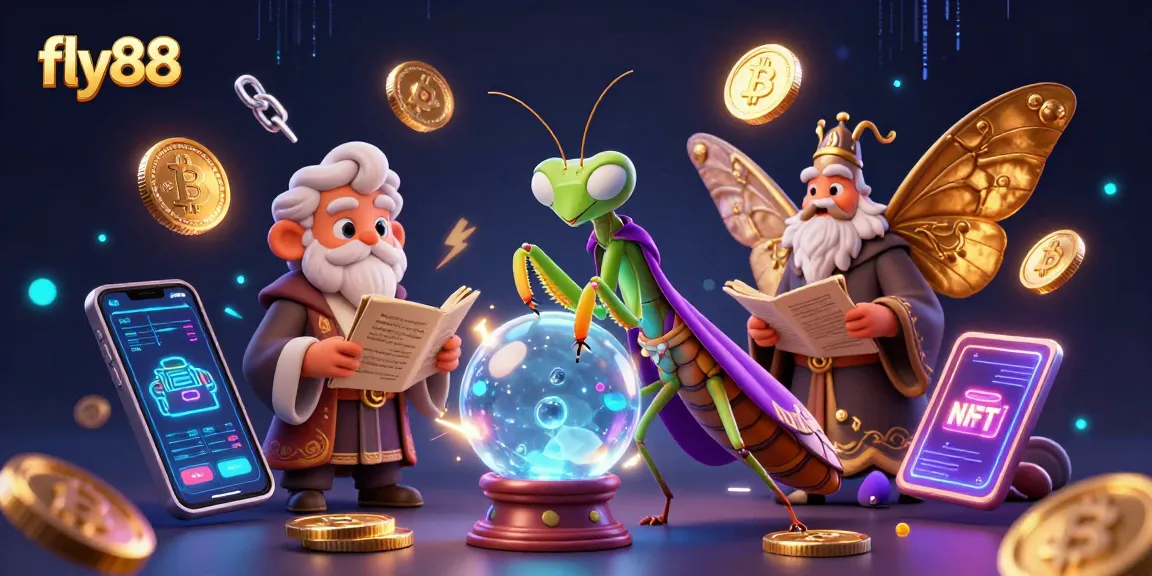 Immerse in fly88’s vibrant crypto casino world featuring a fortune teller and floating oracles.