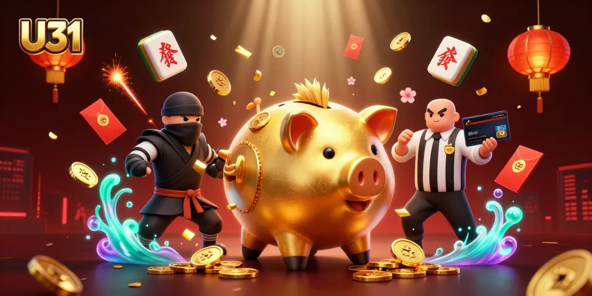 Spin the slots and win with U31 in this vibrant casino scene showcasing dynamic characters and elements.