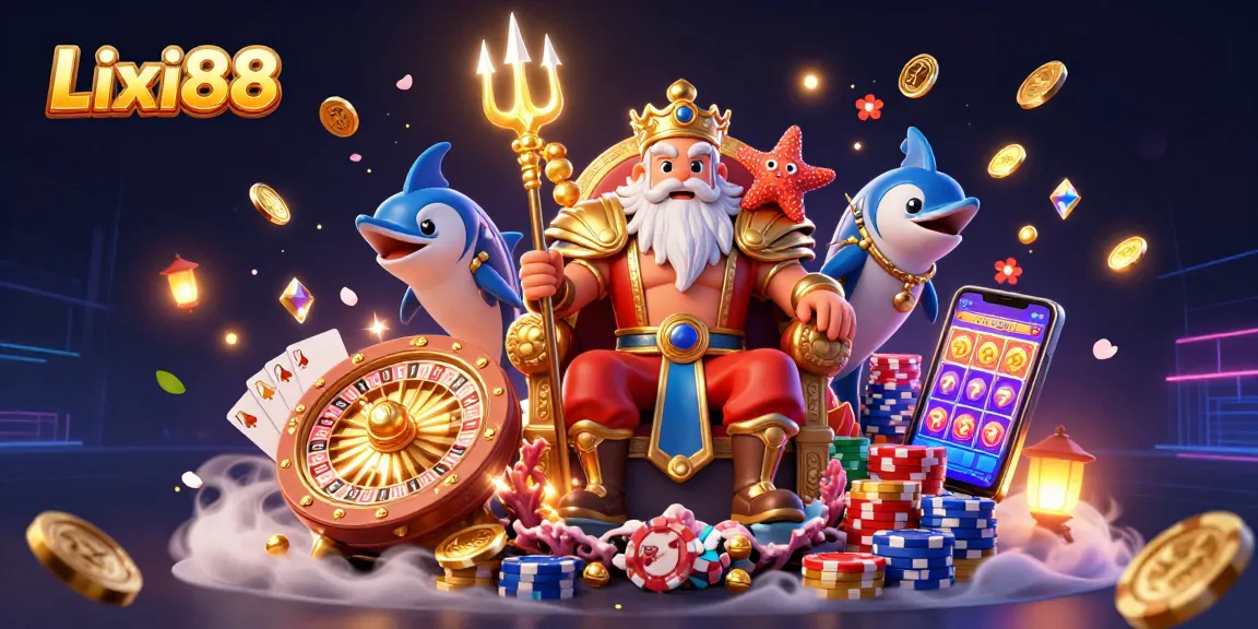 Lixi88 enchanting experience with Neptune in a 3D casino-fantasy, rich in vibrant gaming elements.