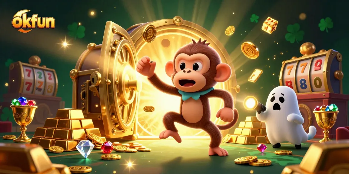 Engaging scene with okfun elements in a haunted casino featuring a mischievous monkey and a ghost-hunter puppy.
